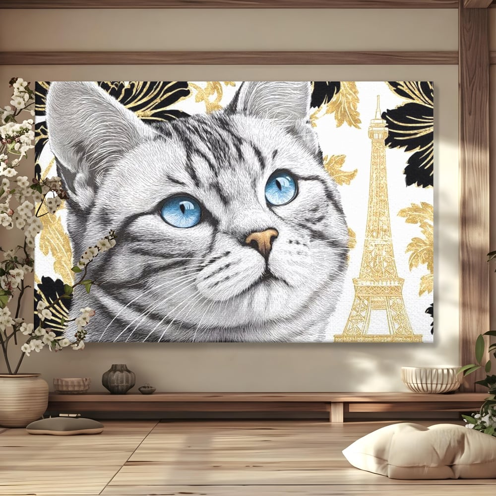 Tablou canvas cu tablou canvas cu pisica si turnul eiffel, fara rama, pe sasiu de lemn